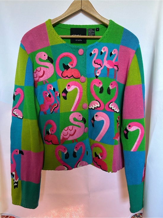 Michael Simon Sweaters - Vintage 1999 Michael Simon Flamingo, Patchwork Cardigan with Beaded Appliqué